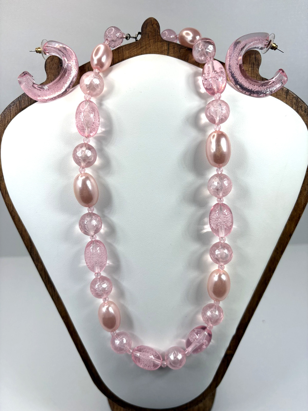 Vintage Pink Lucite Acrylic Bead Necklace C Hoop Earrings Set Faux Pearl Retro